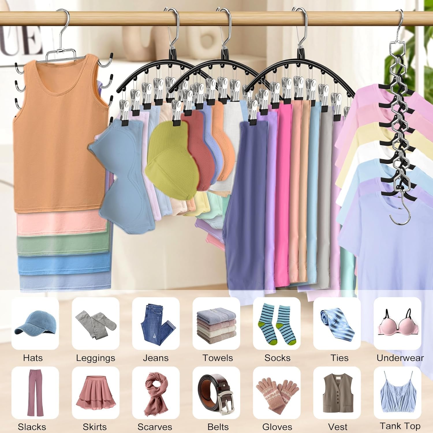 Legging Organizer for Closet Hanging, 3 Pants Leggings Hangers with 30 Clips, 2 Pack Pant Hangers Skirt Hangers, 1 Tank Top Hanger, 1 Metal Magic Space Saving — image 4