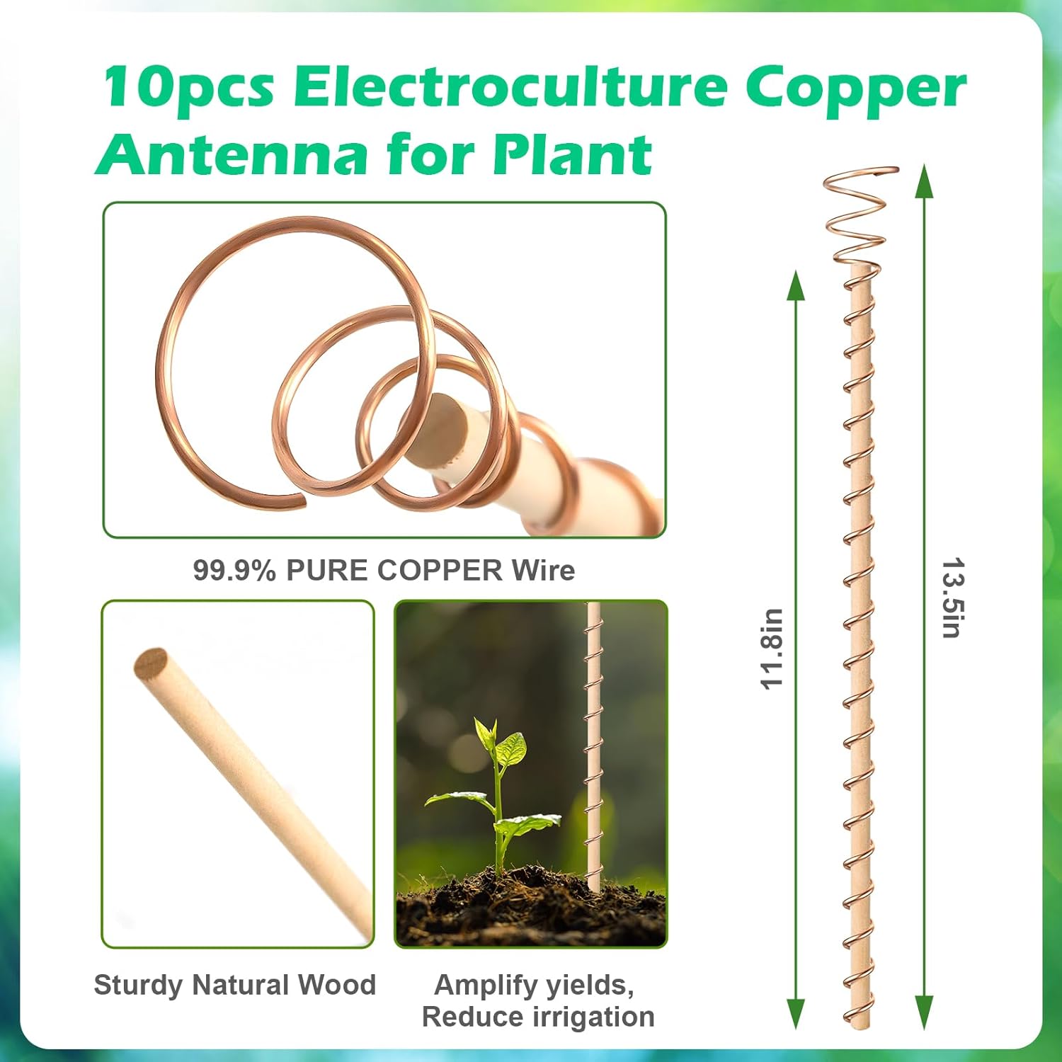 10pcs Electroculture Plant Stakes, 13.5''/17" Available Copper Coil Wire Antennas Garden Stakes, Tensor Rings Kit, Copper Rods Electronic Planting for Growing β image 2