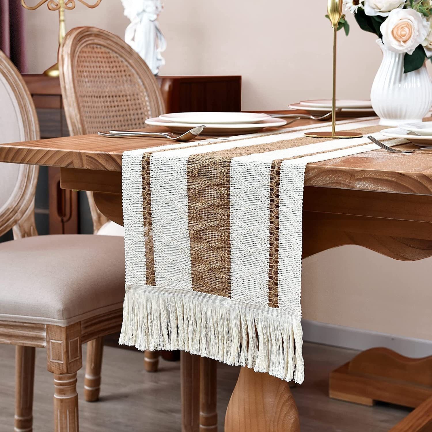 2-Pack Table Runner MX07, Four Cotton Strips, With Tassels