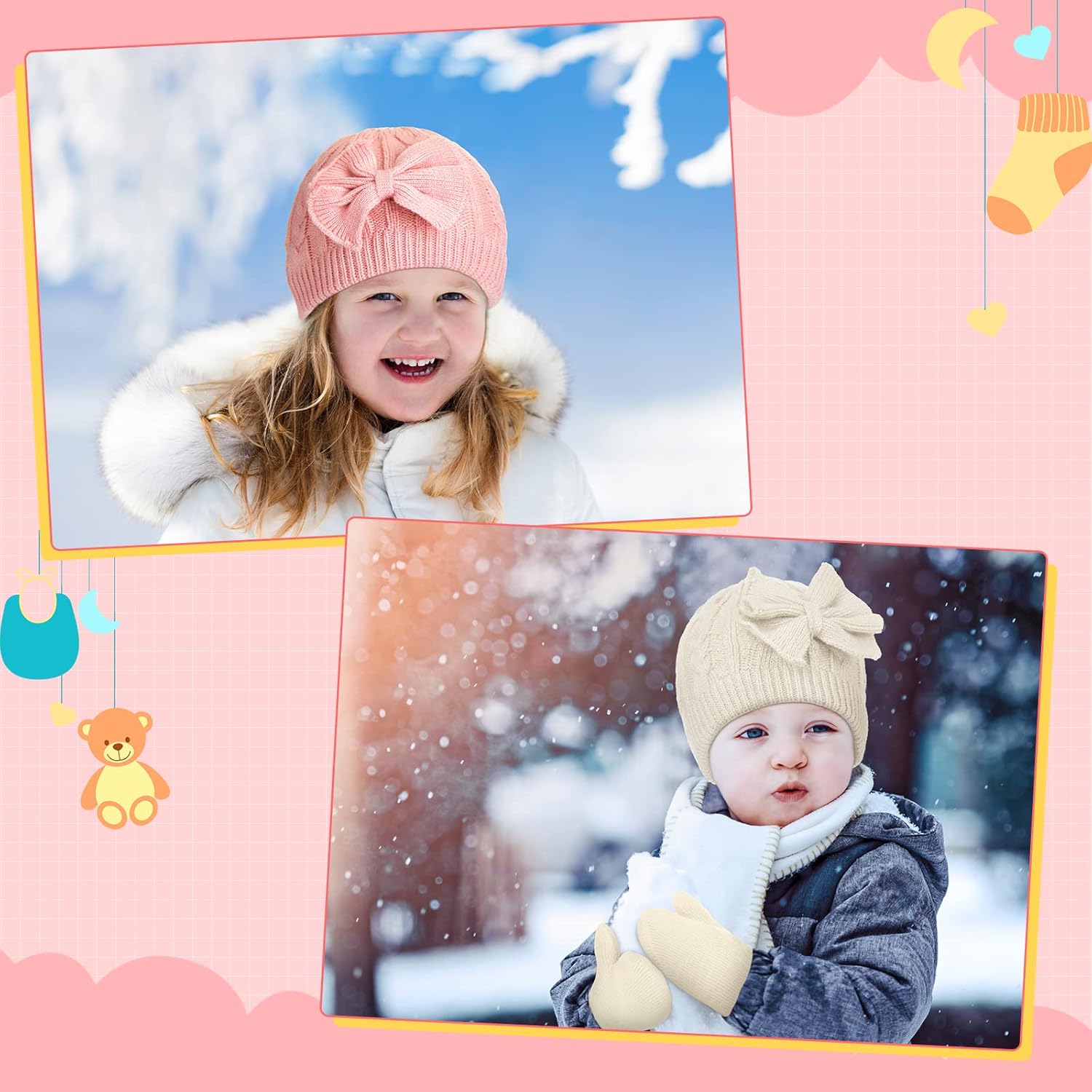 3 Set Toddler Hat Glove Set, Kids Winter Hats Warm Knitted Beanie Mittens Gloves with Bow for Baby Girls Boys 0-6Y — image 4