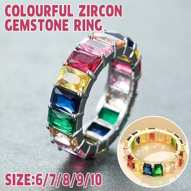 Rainbow Zircon Gemstone Ring Women's Stainless Steel Colourful Ring Size 6-10 - Silver-Multicolor-7 — image 2