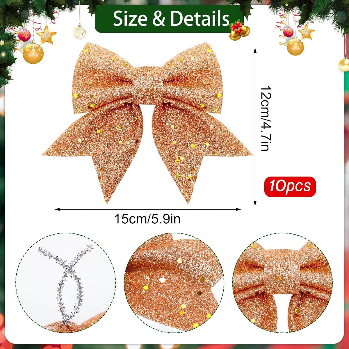 10 Gold Christmas Bows - 12 × 15 cm - Glitter - Christmas Decoration Bows - Christmas Ornaments - Christmas Tree Decoration - Christmas Bows - Christmas — image 5