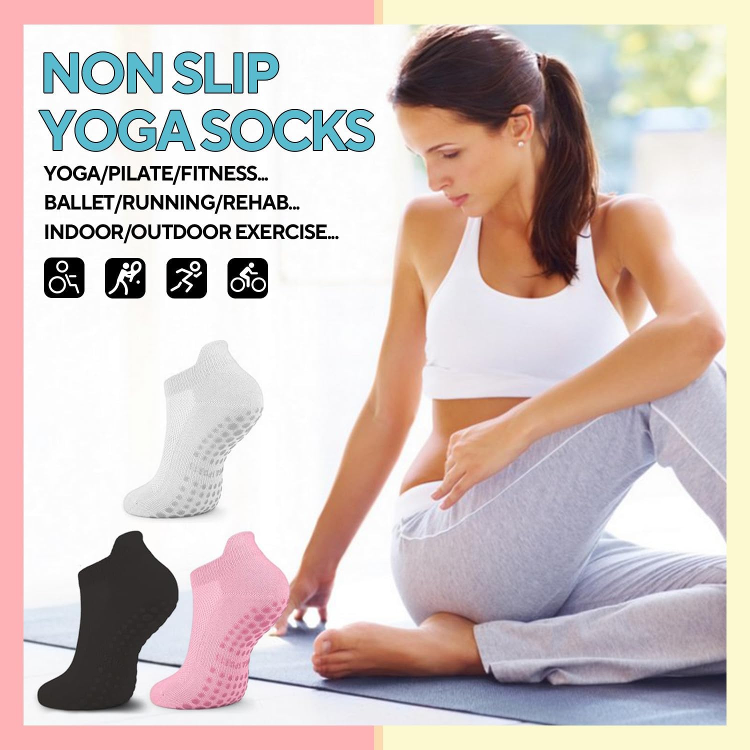 3 Pairs Pilates Grip Socks, Non Slip Yoga Socks for Women, Anti-Skid Grip Socks Breathable Cotton Socks for Yoga, Barre, Dance, Barefoot, Workout, Pregnant — image 6