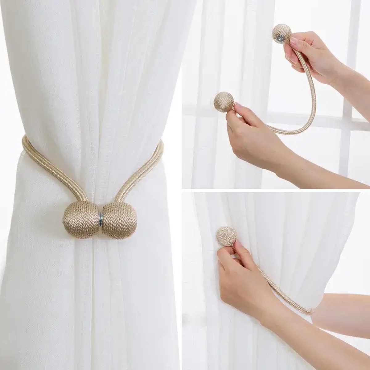 Set of 2 Magnetic Curtain Holders | Curtain Tieback | Curtain Holder | Magnetic Curtain Cord | Curtain Buckle | Universal | Beige — image 5