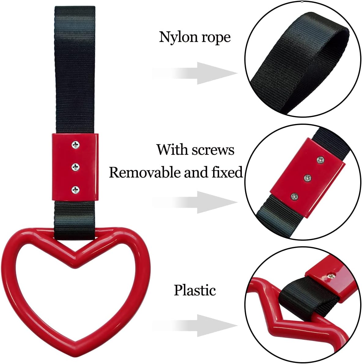 2 Pieces Heart-shaped Jdm Tsurikawa Rings SUV Bus Car Handle Straps Japanese Bosozoku Subway Ring for Car Warning and Interior Exterior Decoration (Red/Black) — image 3