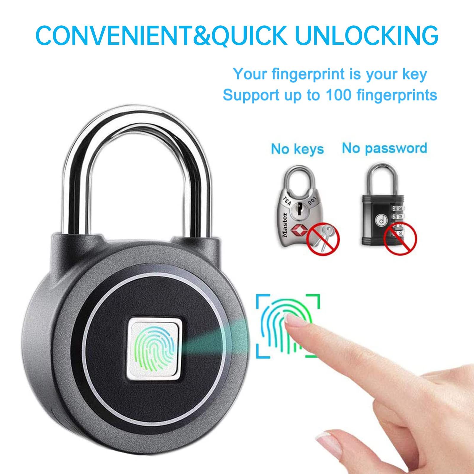 Fingerprint Padlock, Bluetooth Lock, Mobile APP, Smart Padlock with Keyless Biometric, Water Resistant, Suitable for Gym, (Grey) — image 3