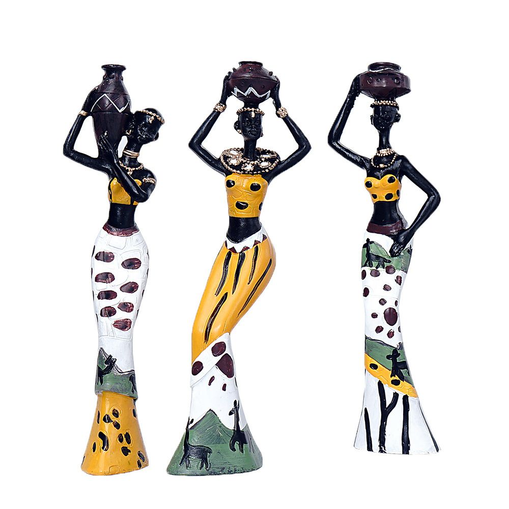 3pcs Vintage African Statue. Hand Sculpture African American Figurines. Exotic Tribal Lady African Art Piece for Home Decor