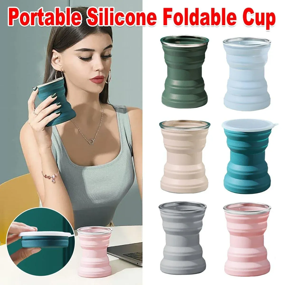 Silicone Folding Travel Mug Portable Retractable Collapsible Mug Outdoor Camping - Grey Lake Blue โ image 2