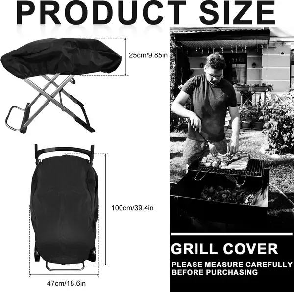 Compact Grill Cover Adjustable Elastic Hem 210D Oxford Fabric for Outdoor Gas Charcoal Grills Black 100 × 47 × 25 cm — image 2