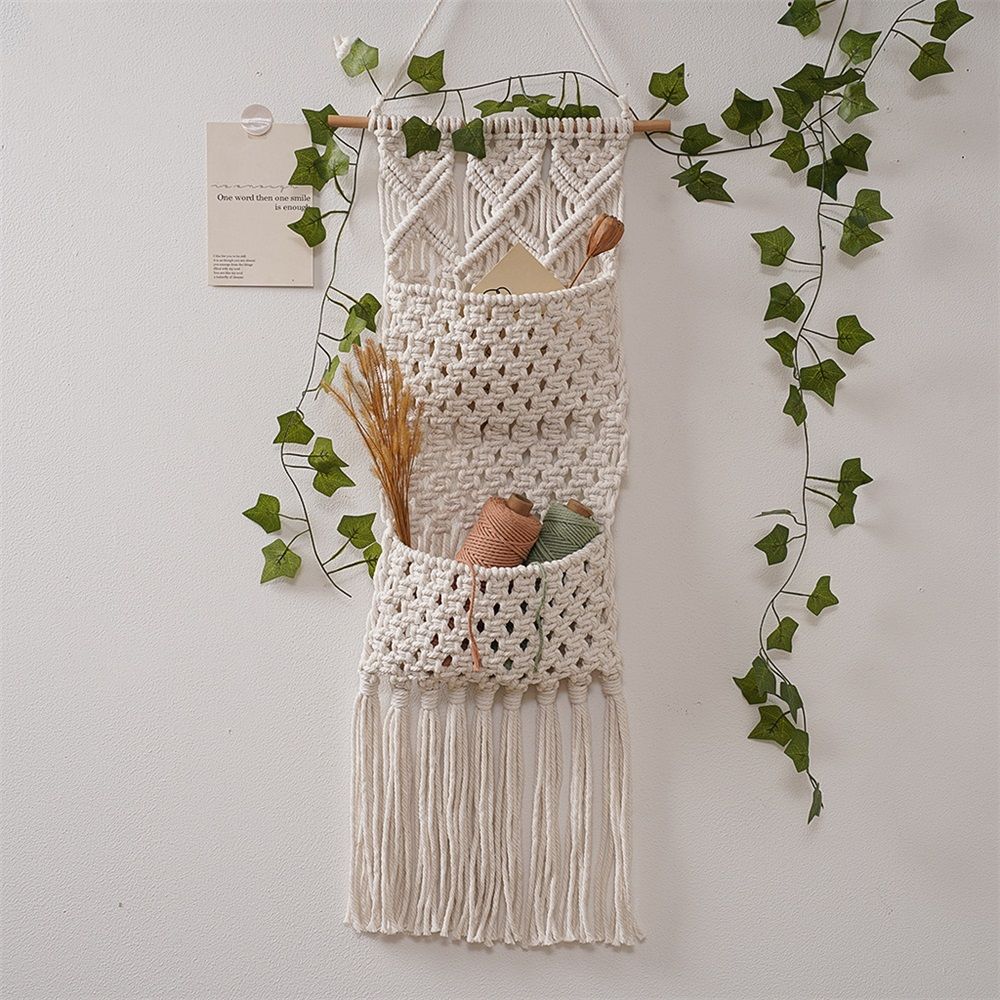 2 Tier Hanging Basket, Hanging Basket for Fruit and Vegetable Storage, Cotton Rope Woven Baskets for Kitchen, Decorative Boho Decor Hanging Plant Holder — image 3
