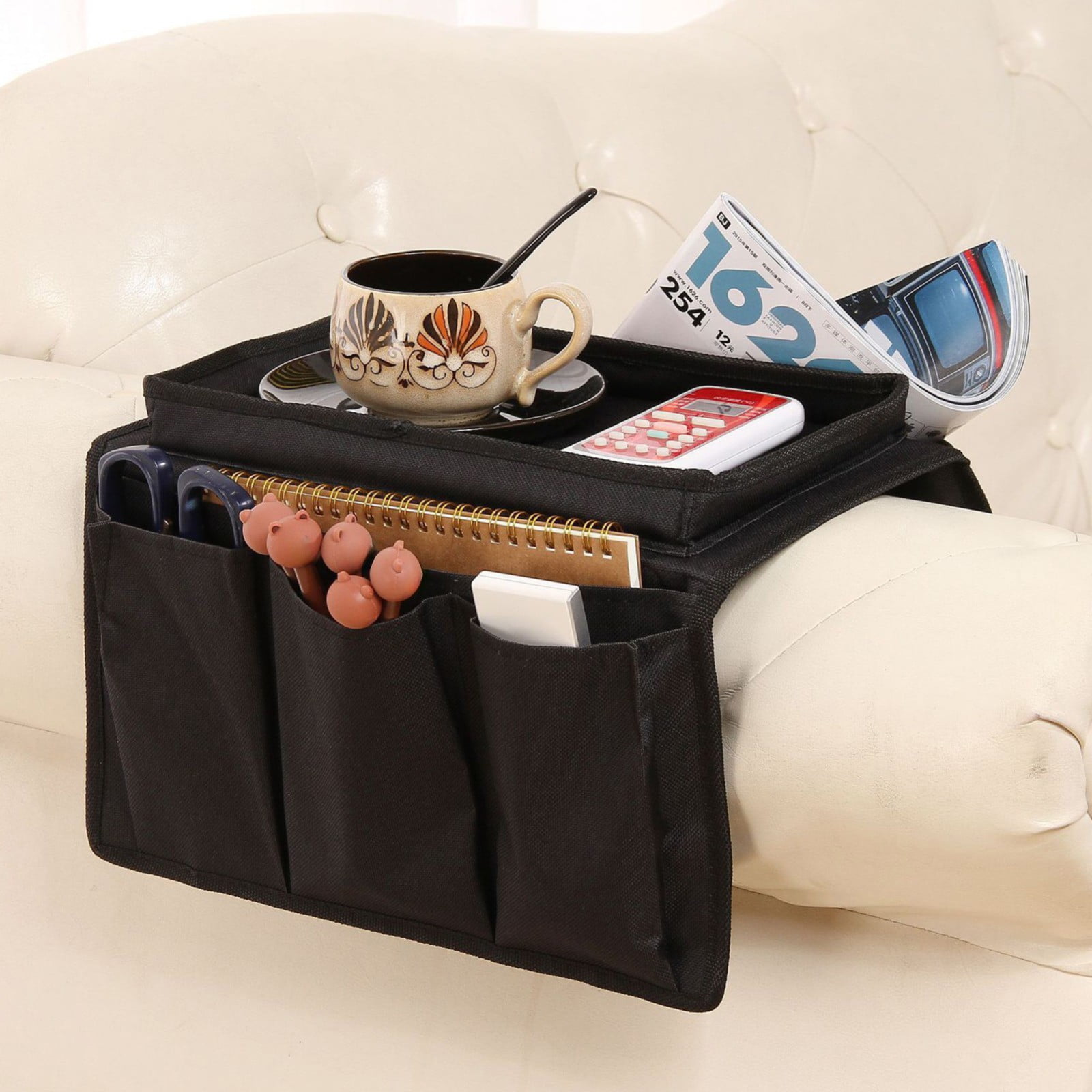 Sofa Armrest Organizer with Cup Holder - TV Remote Holder for Recliner & Couch, Armchair Caddy with Storage Pockets, Holds Cellphone, Black โ image 6