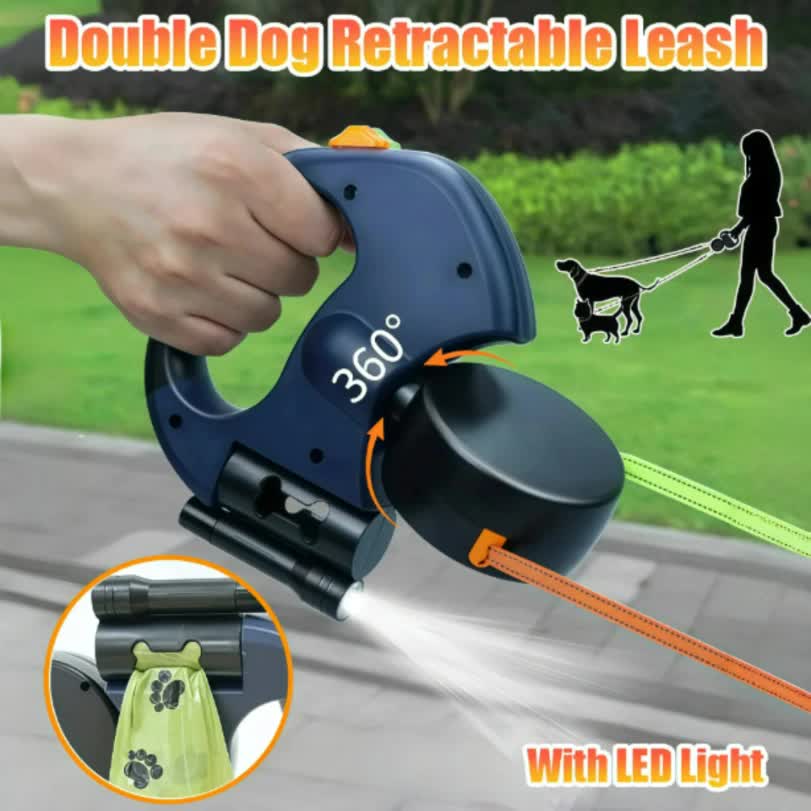 Black and Grey One-to-Two Retractable Dog Leash with One-Click Safety Lock & Night Light - 3M Tangle-Free 360° Rotation Walking Leash — image 2