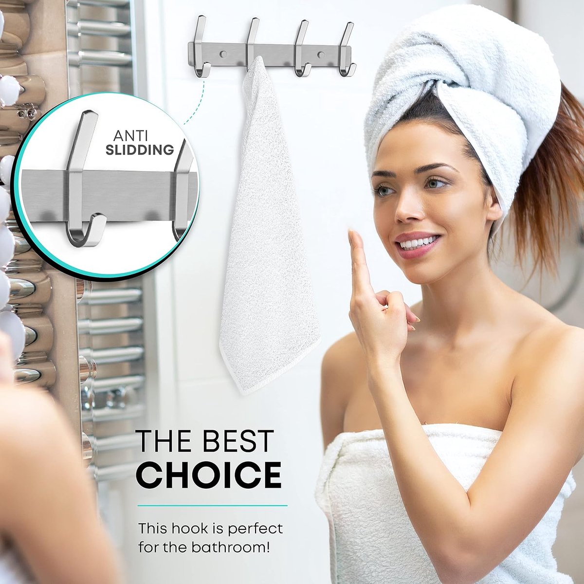 Wardrobe hooks - 4 hooks Stainless steel - Hook strip - Clothes hooks - For wall, wardrobe rail, wall wardrobe for bedroom, bathroom, kitchen - Silver - Coat — image 4