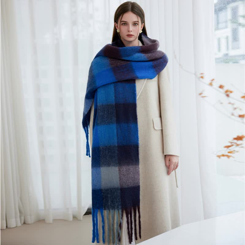 Winter Luxe Warm Oversized Scarf-Cozy Thick Plaid Wrap, European Chic Style(Powder blue plaid) — image 2