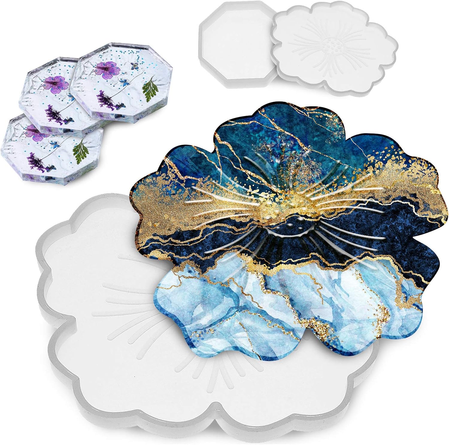 8 Pieces Coaster Silicone Resin Molds Set Include 4 Flower Coaster Resin Flower Silicone Tray and 4 Octagon Epoxy Casting Mold for DIY Artwork, and Home Decor — image 6