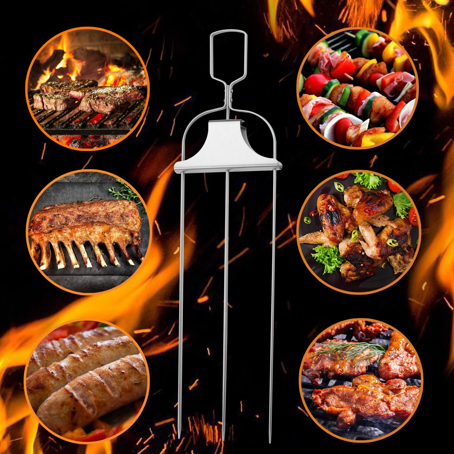 Skewers for Grilling,3 Prong Metal Grill Skewers with Push Bar Slider,14'' Premium Stainless Steel Skewers(2PCS) — image 3