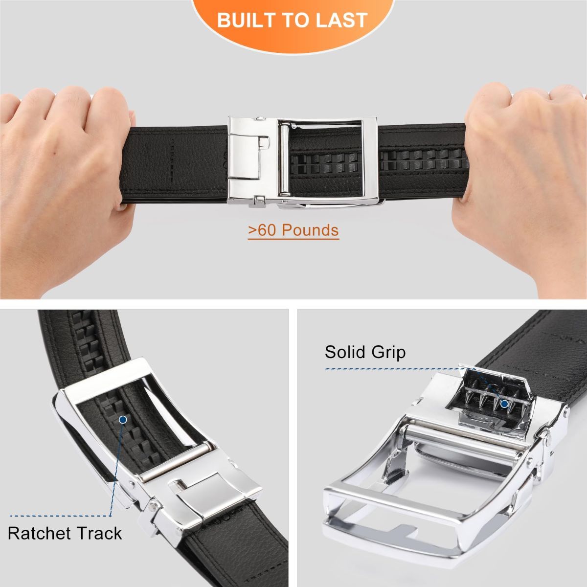 Ratchet Belt for Men Genuine Leather - Micro-Adjust Buckle Trim to Fit Dress Belt Casual to Formal Gift Boxed - Basic Silver - Black - Size 34"-40" Waist — image 3