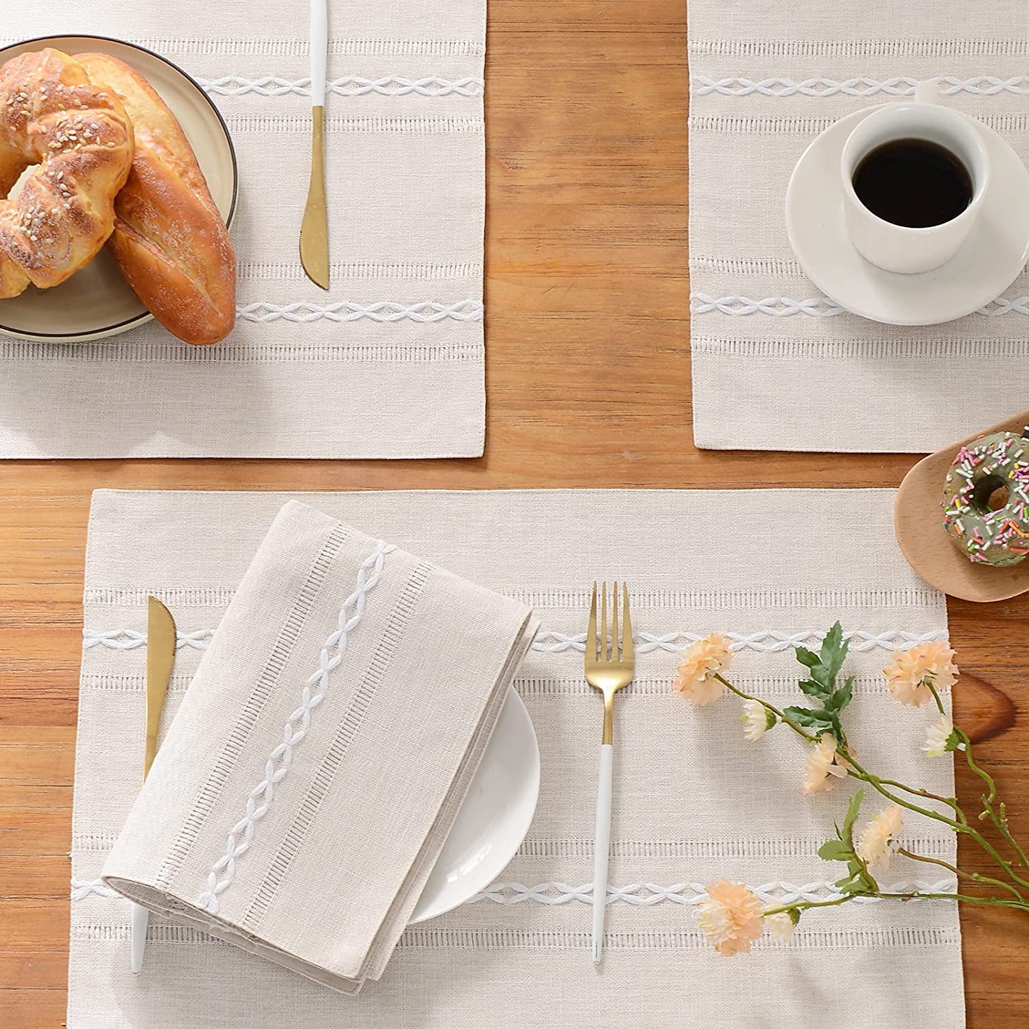 4 Pcs White Woven Placemats - Heat Resistant Kitchen Table Mats, Coffee Tea Cup Coasters, Linen Blend Dining Decor — image 2