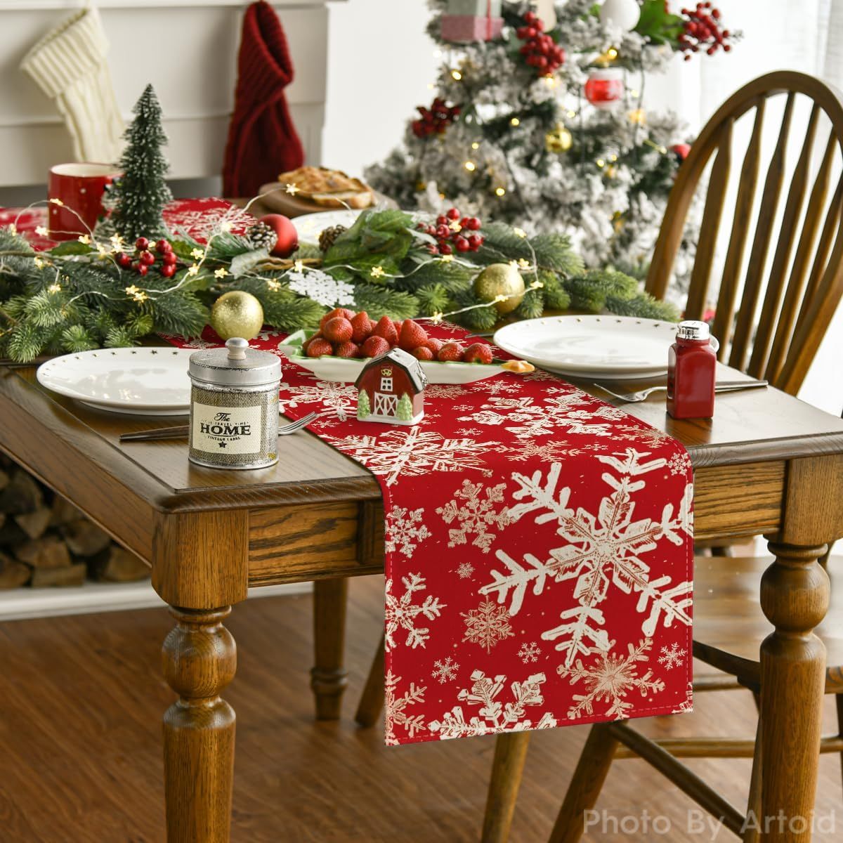 Red Snowflakes Christmas Table Runner, Winter Holiday Kitchen Dining Table Decoration for Home Party Decor 13x72 Inch โ image 2