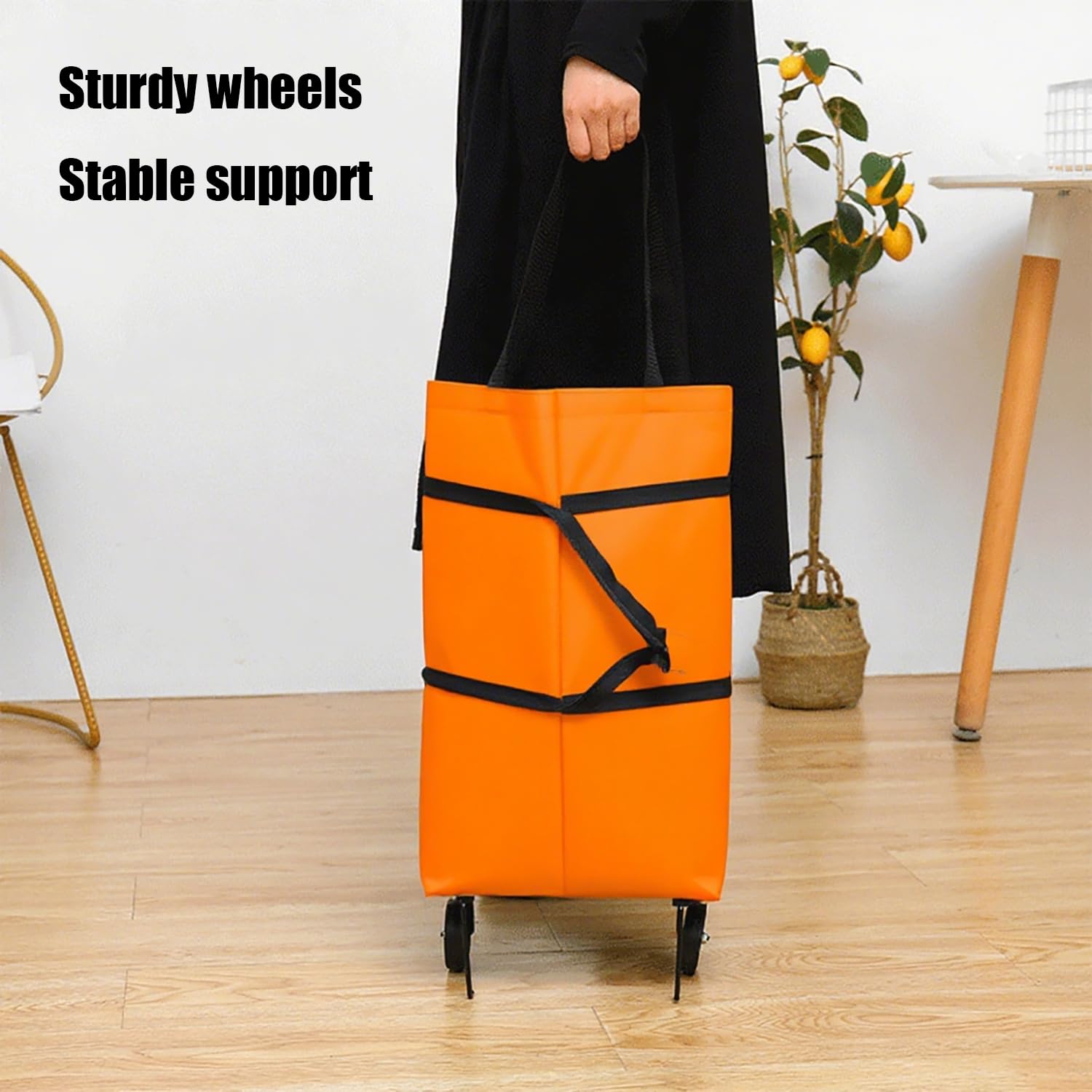 2-in-1 Collapsible Shopping Trolley with Wheels – Foldable Grocery Cart, Reusable Waterproof Oxford Bag for Supermarket, Picnic & Travel (Orange) — image 5