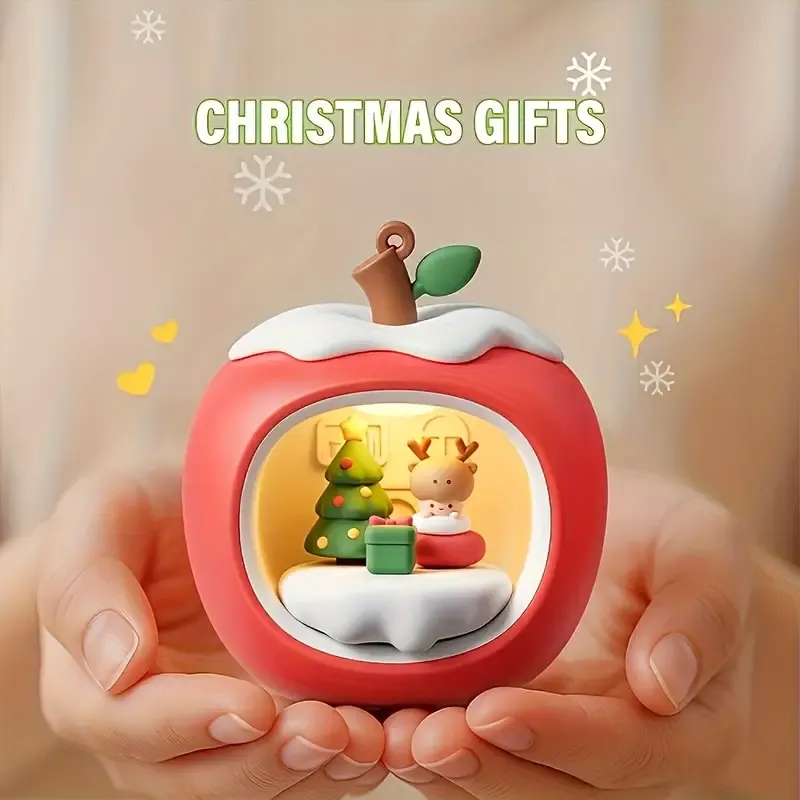 Christmas Apple Night Light Touch Dimmable Cute Reindeer Scene Bedroom Ambient Light Xmas Tree Ornament Xmas Eve Gift