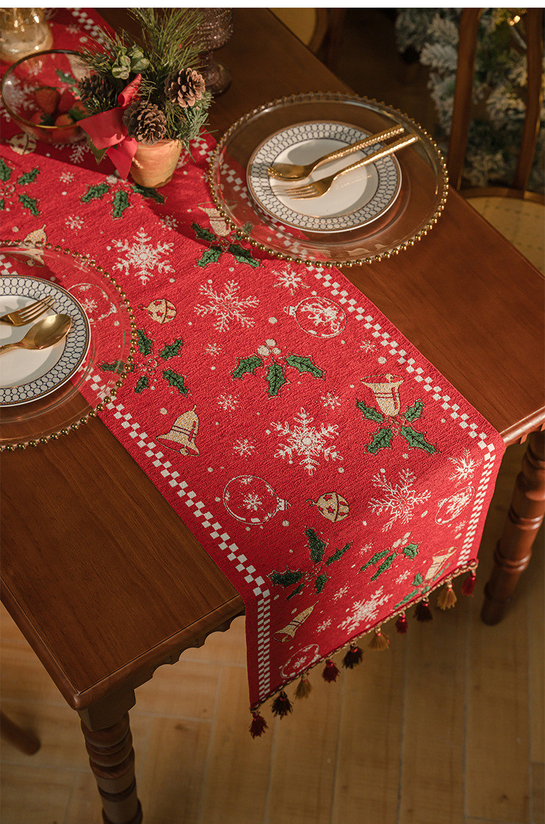 Red Christmas Table Runner with Tassels - Festive Snowflake & Bell Print (35 × 240cm) — image 3