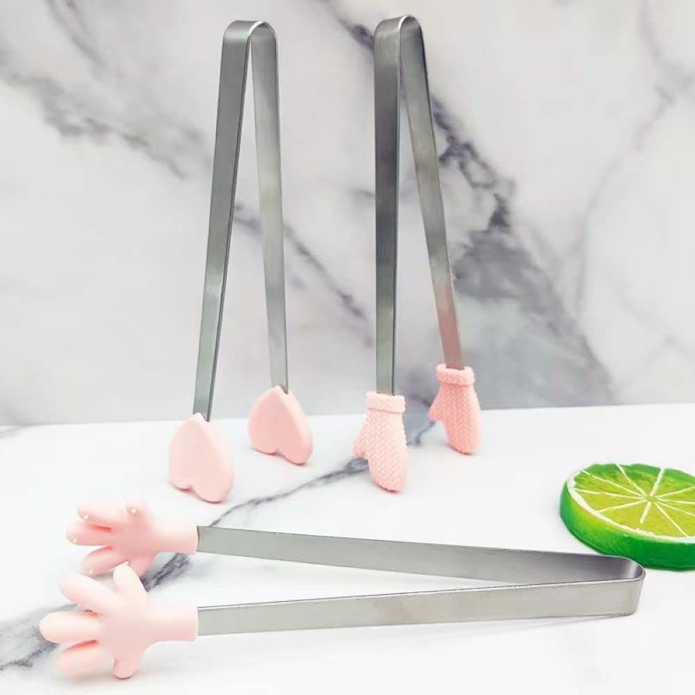 3 Pack Mini Dessert Tongs Stainless Ice Cube Clip Pink Hand Heart Glove Shape Small Non-Slip Silicone Baking Bread Tong Clips โ image 2