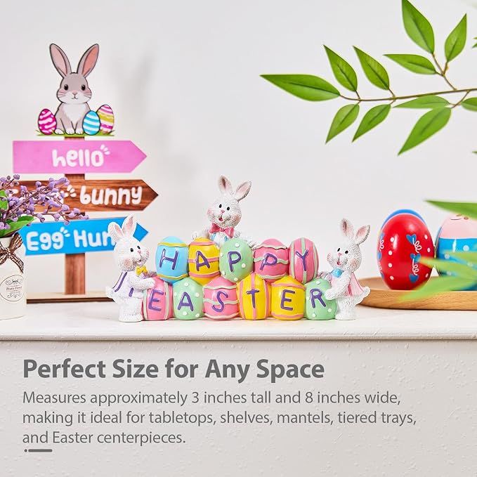 3 Bunny Holding Eggs and Happy Easter Decorations, Resin Easter Bunny Rabbits Figurine Tabletop Centerpiece for Spring Decor Easter Home Office Party Decor — image 3