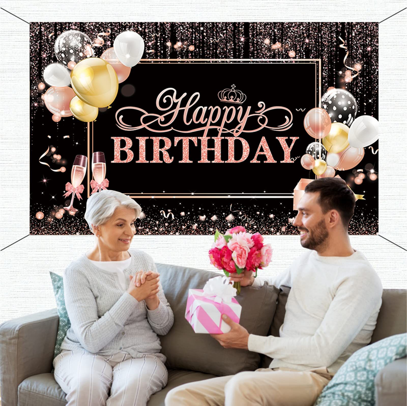 Rose Gold Happy Birthday Backdrop Banner,Happy Birthday Decoration Banner, Happy Birthday Backdrop for Girls Women71 x 45 Inch — image 3
