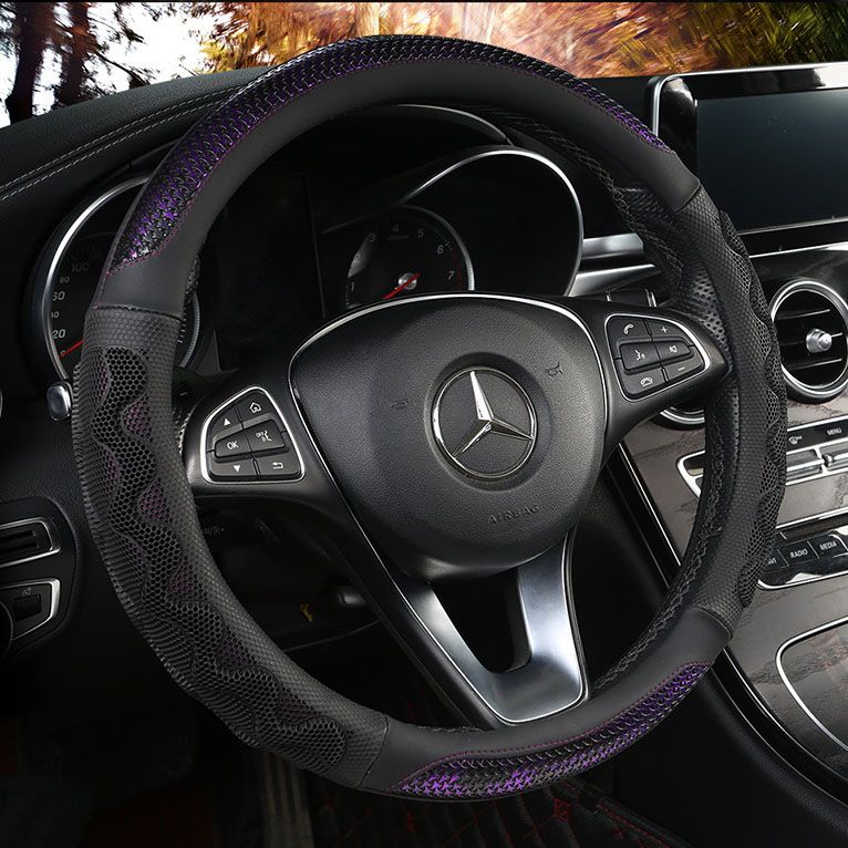 Car Steering Wheel Cover (38cm)- 3D Honeycomb Breathable Mesh - Anti-Slip Sweat-Absorbent Grip for All-Season Driving, Black and Purple โ image 3