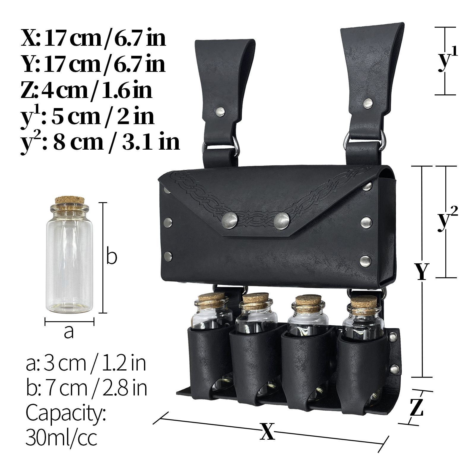 Medieval Alchemy Belt Bag with 4 Cork Potion Vials, Fantasy Wizard Waist Pouch Side Pack with Glass Vials Wizard Waist Pouch Side Pack(Black) โ image 3