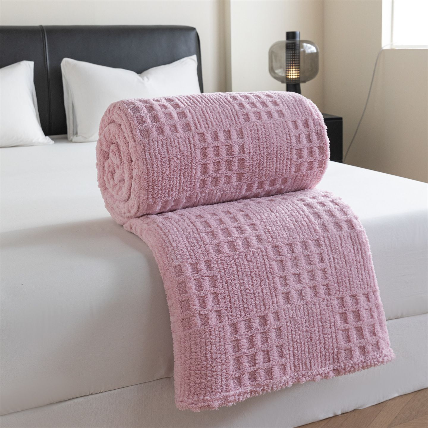 Pink 150 × 200cm Thickened Double-Sided Plush Waffle Weave Throw Blanket - Anti-Static Taffeta Velvet & Flannel Fleece - Warm, Soft, Non-Shedding Blanket for