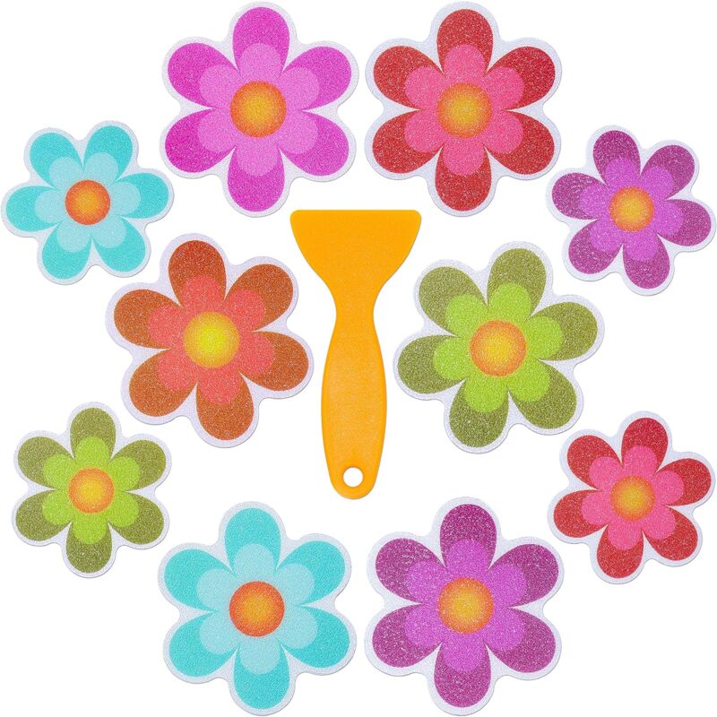 Pack Of 10 Waterproof Non-Slip Shower Stickers With Premium Scraper (Flower Design, Size 9.5 × 9.5 Cm)