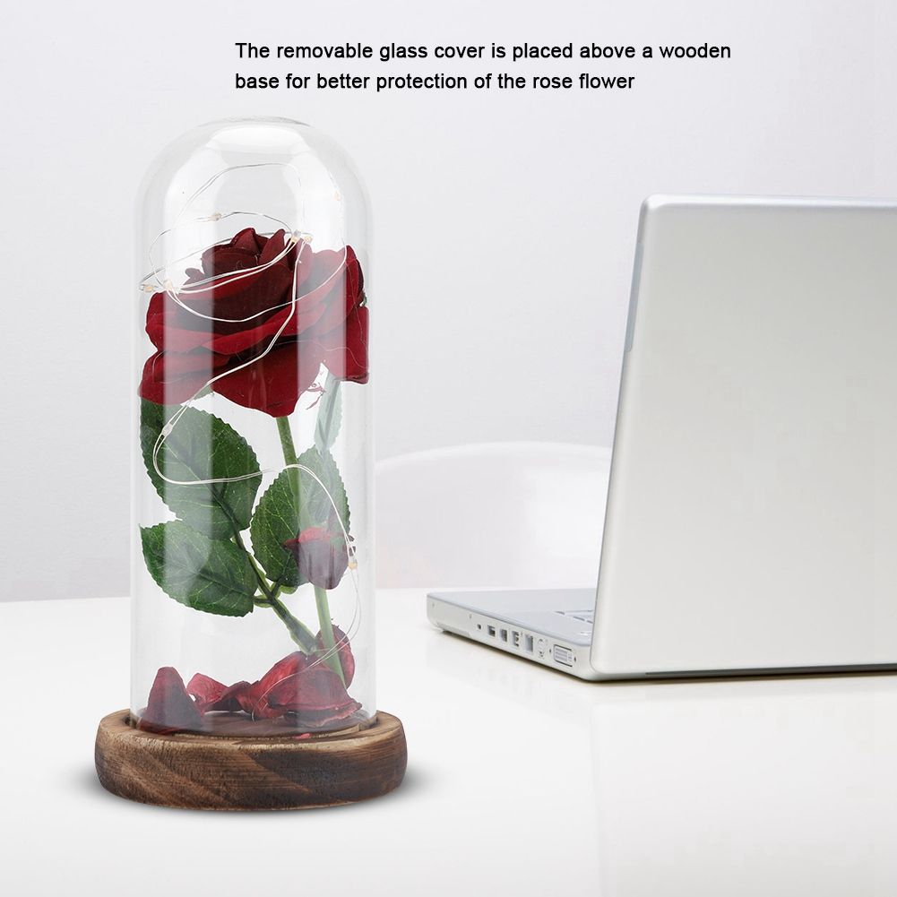 Preserved Rose Flower LED Light with Glass Cover Wooden Base Valentines'Day Wedding Gift Red โ image 4