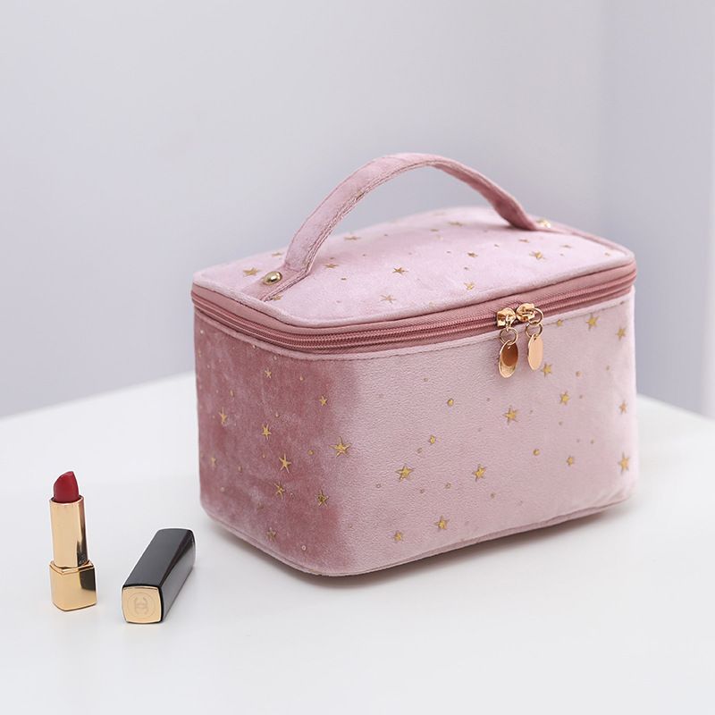 Velvet Makeup Bag with Handle Cosmetic Bags with Makeup Brush Holder Travel Make up Bag for Women, A Pink — image 2