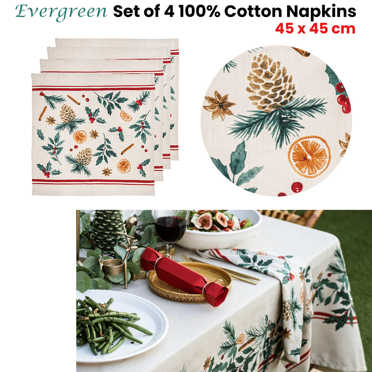 Ladelle Set of 4 Evergreen 100% Cotton Napkins 45 x 45 cm โ image 2