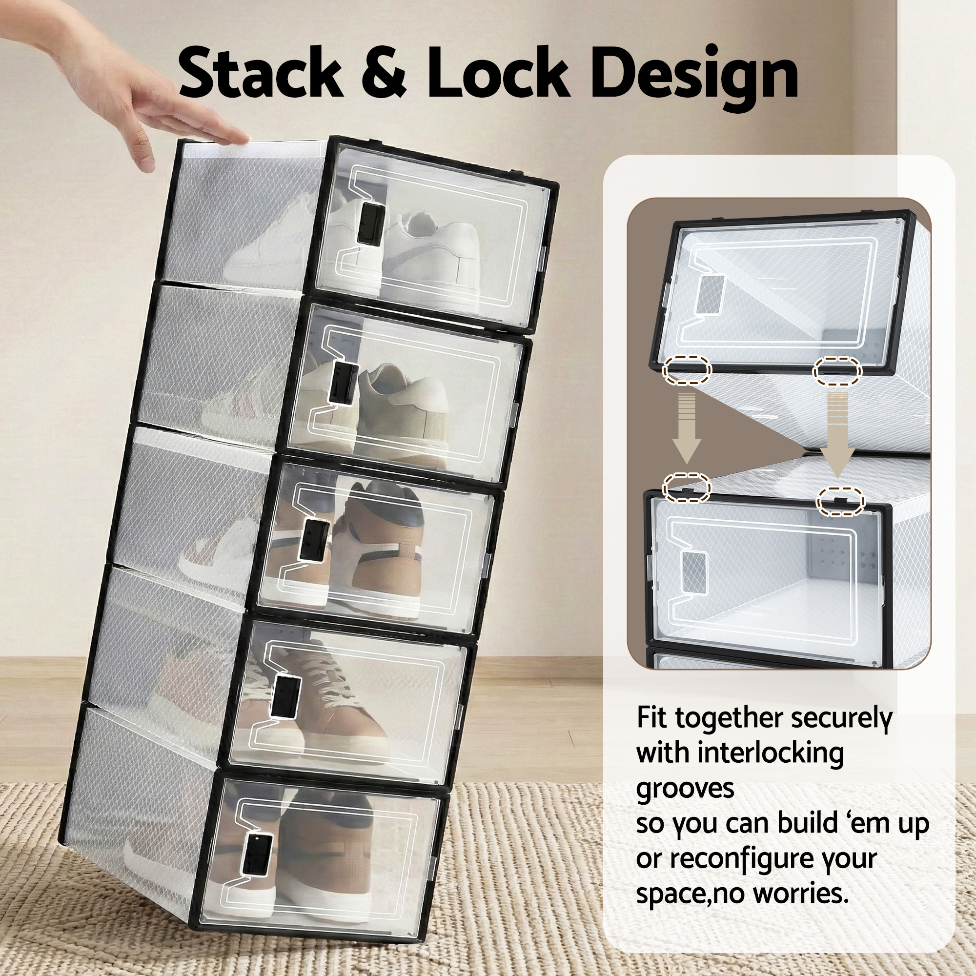 Artiss Shoe Storage Box DIY Set of 12 Stackable Black — image 5