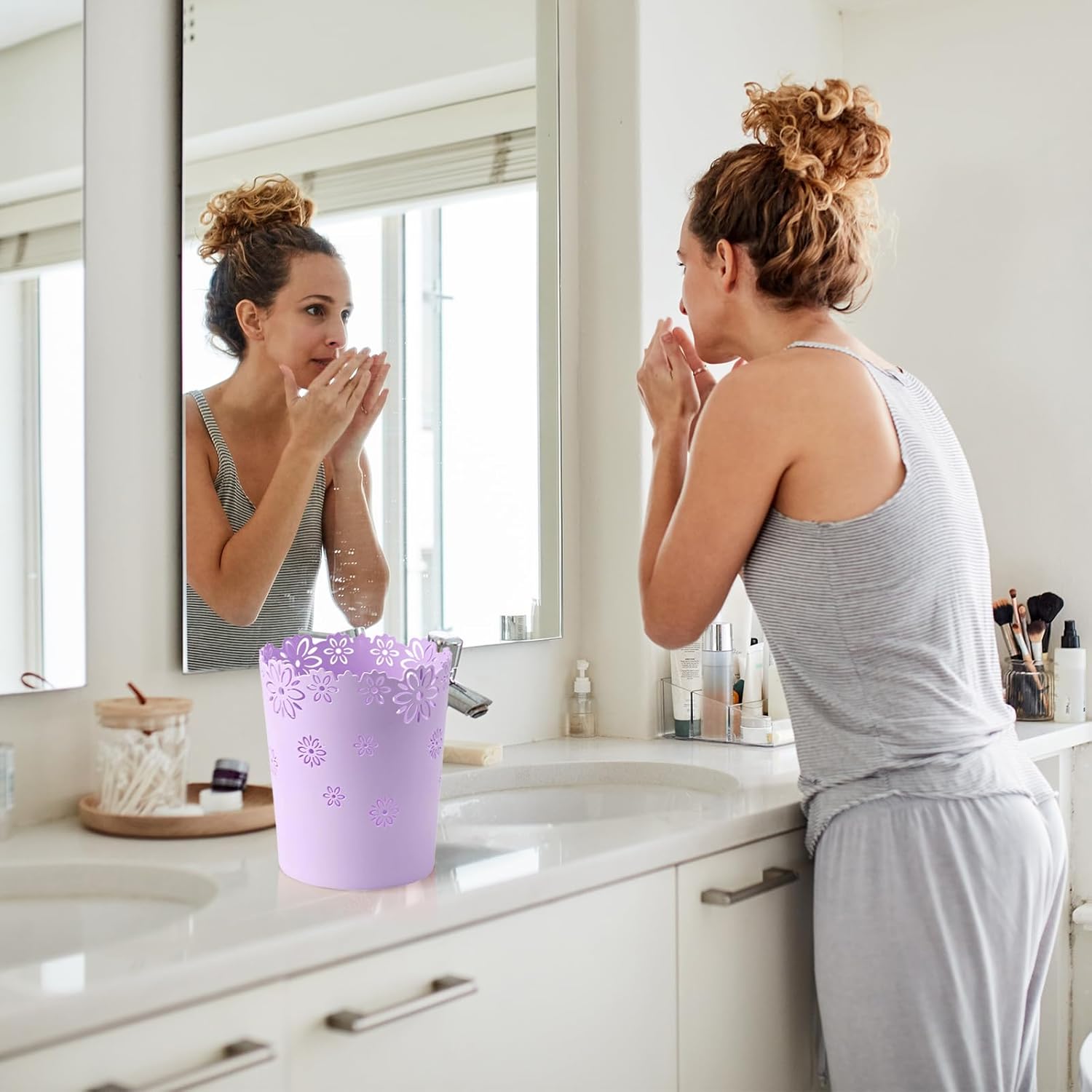 Mini Wastebasket Small Purple Trash can Office Plastic Garbage Can for Bathroom Vanity Desktop Office or Living Room (Purple, Mini) Purple Mini — image 4