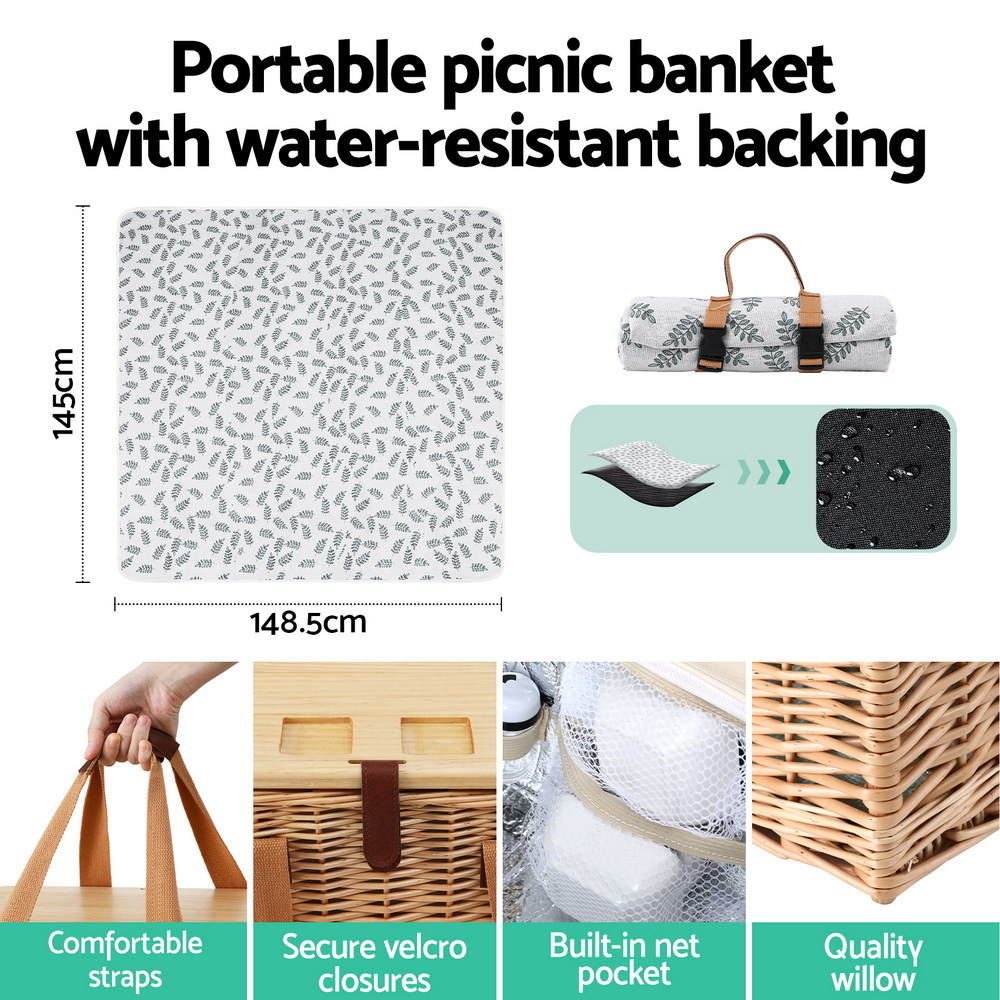 Alfresco 2 Person Picnic Basket Set with Table Blanket Cooler Wooden Insulated โ image 6