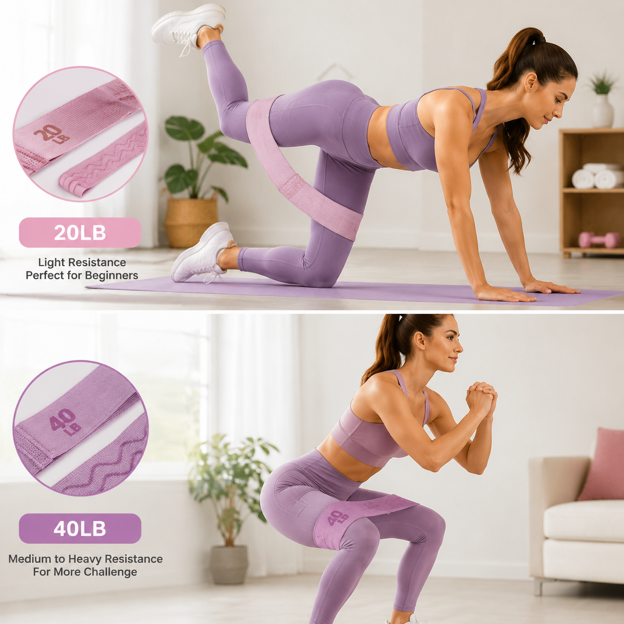 20LB and 40LB Booty Resistance Band Set Fabric Glute Bands for Women Hip Training Pilates Yoga Home Workout Lower Body Strength Exercise — image 2