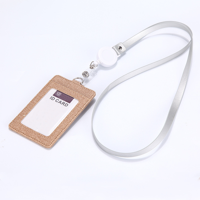 Retractable ID Badge Holder with Lanyard, PU Leather Work Card Holder for Office Staff Nurse Teacher Student ID Card-Beige