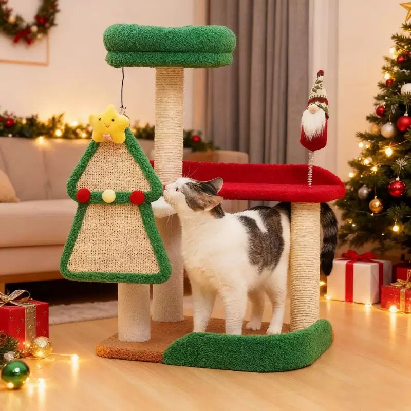 Festive Christmas Cat Tree with Multi-Level Scratching Posts, Cozy Top Perch, and Dangling Toys – A Holiday-Themed Play Center That Brings Seasonal