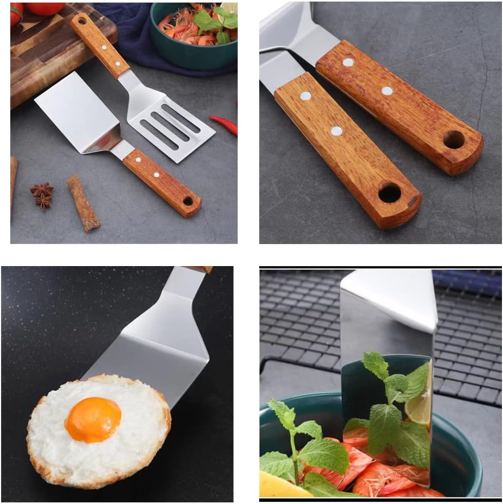 2 PCS Metal Spatula for Cast Iron Skillet, Stainless Steel Grill Spatula Slotted Turner Fish with Wood Handle Flat Top Griddle for Cooking BBQ — image 4