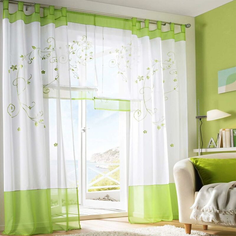 Sheer Curtains Floral Voile Embroidery Tab Top Window Panels For Bedroom Living ROom Decoration 2 Panels, Green, W140Cm — image 2