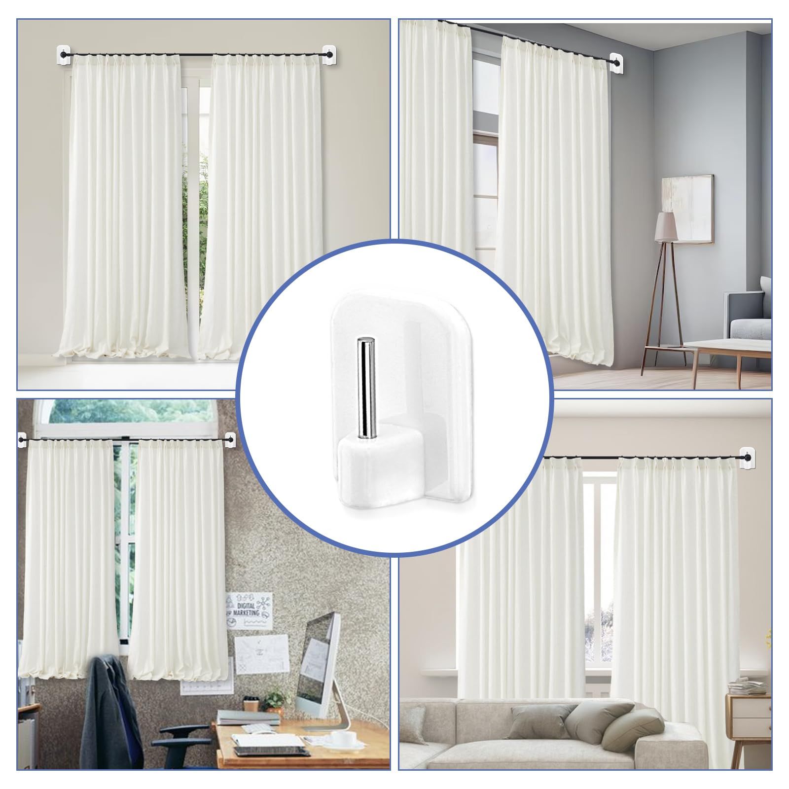 9 Pcs Self Adhesive Curtain Rod Hooks, Net Curtain Rod Holders, Plastic Sticky End Window Hook for Net Curtain Pole Support — image 5