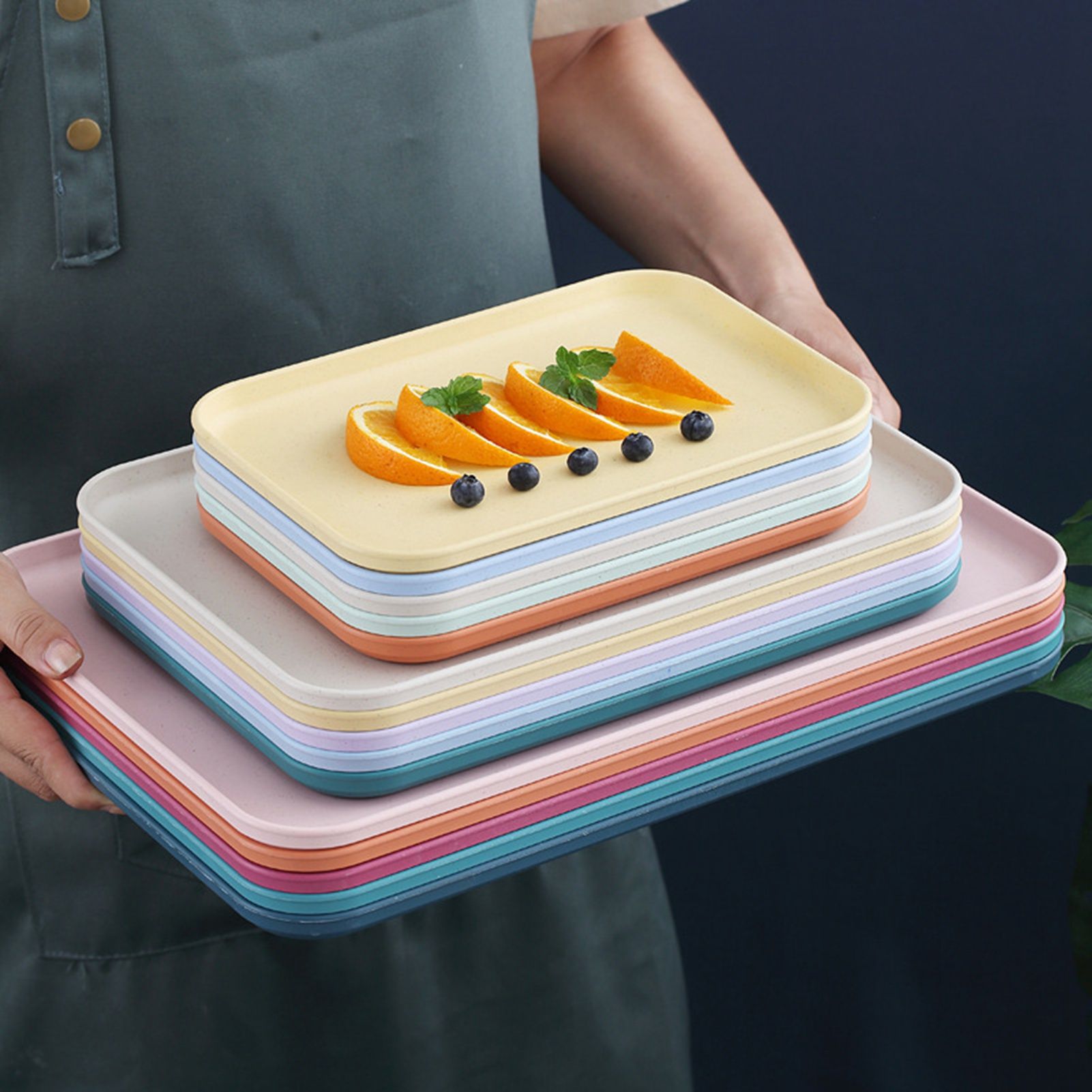 Kitchen Serving Tray Wheat Straw Rectangular Nordic Style Cupcake Fruit Snack Tea Tray for Home Office Restaurant Light Blue S (Approx. 25x17cm / 9.8x6.7in) โ image 5