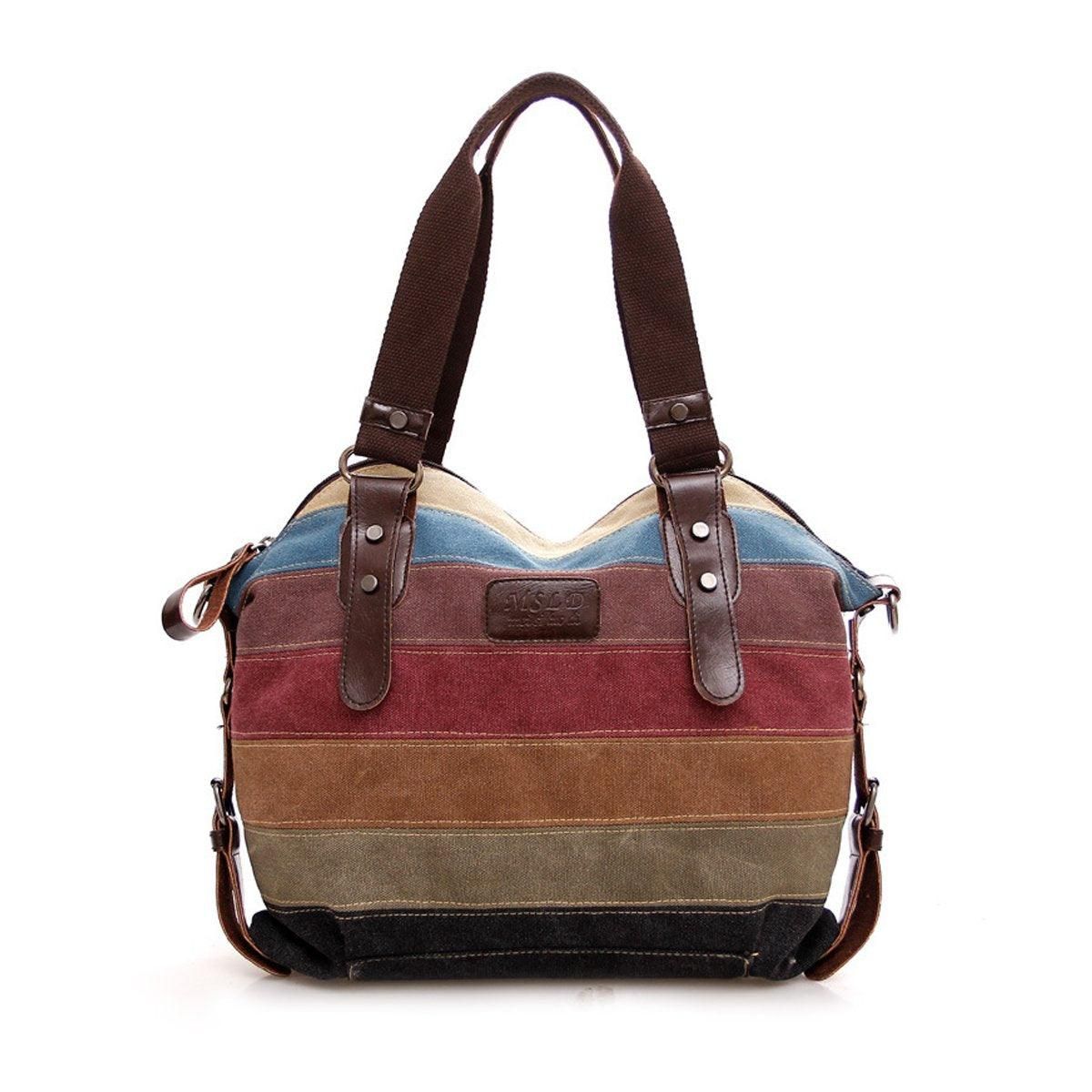 Rainbow Stripe Canvas Bag Patchwork Tote Bag Fashion Handbag Women Shoulder Bag โ image 2