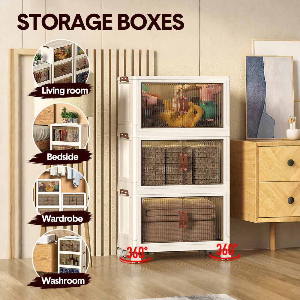 Foldable Storage Cabinet Stackable Bins Household Plastic Closet Multi-purpose Organizer Doors and Top Lid 2 Way Opening with 360 Degree Rotatable Wheels — image 2