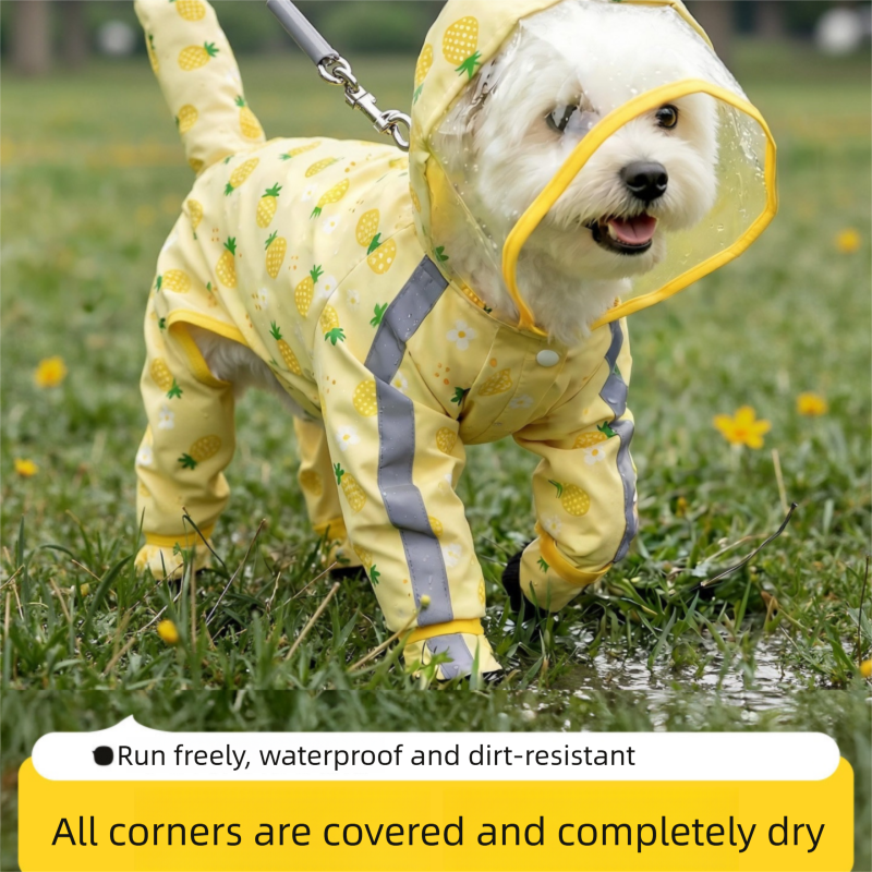 Yellow M size Pineapple Print Full-Cover Dog Raincoat with Transparent Hood, Waterproof Four-Leg Pet Rain Suit with Reflective Strips and Integrated Leash Ring — image 2