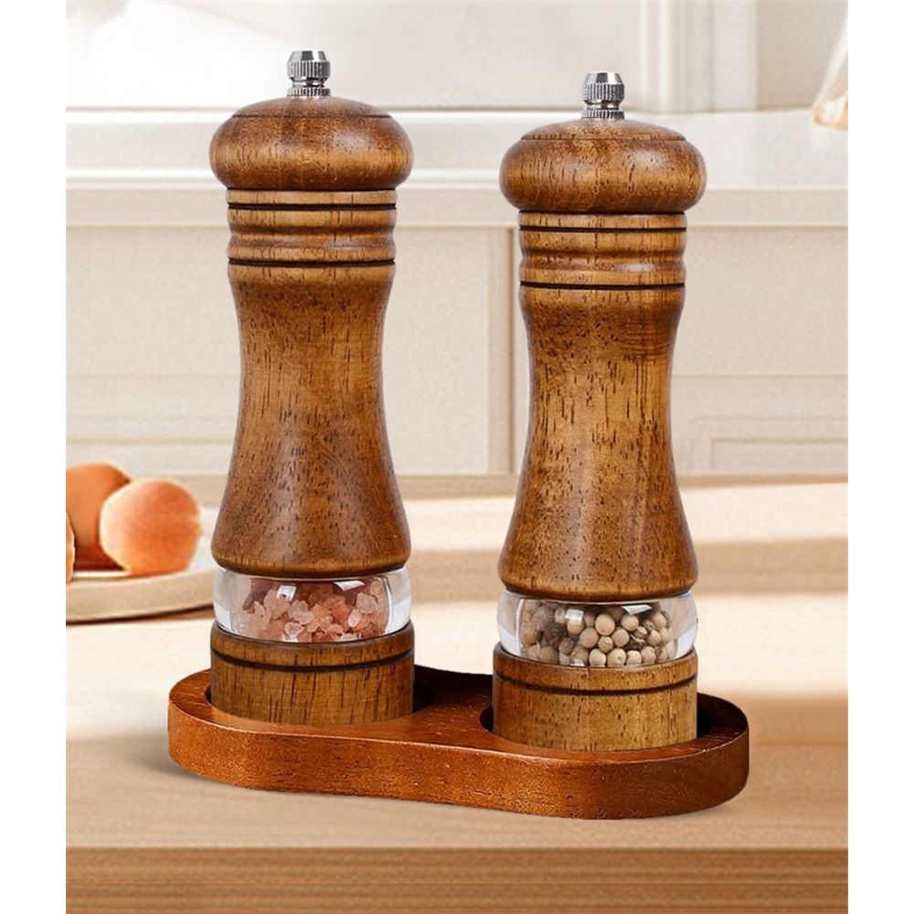 Salt and Pepper Grinder Set, 2Pcs Oak Pepper Grinder with Stand 6 Inches Adjustable Ceramic Grinder Wooden Pepper Mill Salt Grinder Kit Manual Mills(vintage — image 4